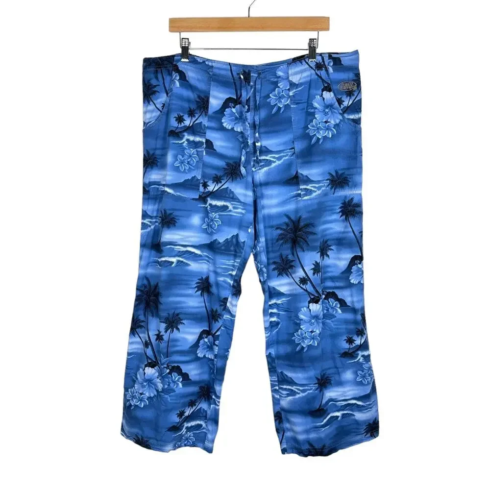 Nalu Wahine Vintage Womens Hawaiian Cropped Wide Leg Pants Blue Tropical Size L